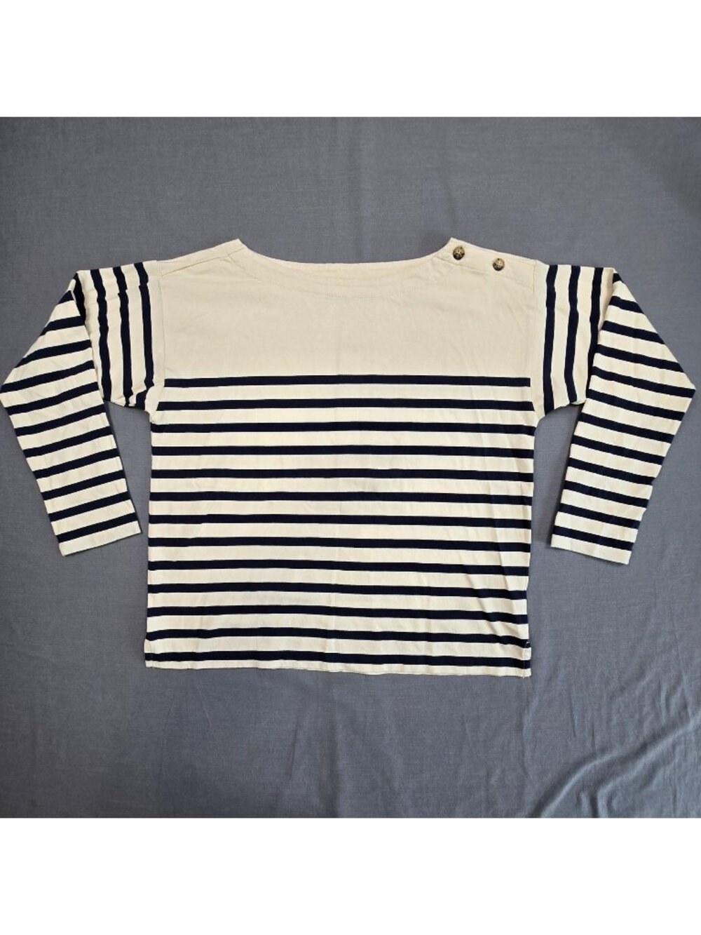 J Crew Medium Striped Cotton Cream Navy Shirt Nautical Button Shoulder